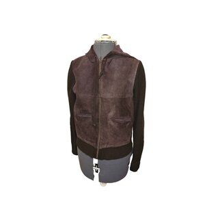 Vintage Genuine Leather & Knit Brown Hooded Jacket With Zipper/Pockets S